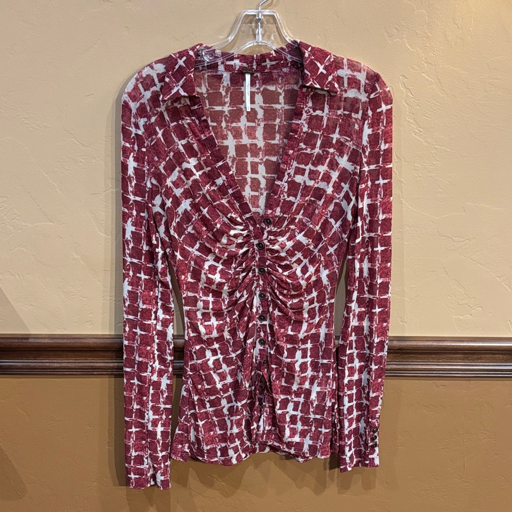 FREE PEOPLE Red and White Women's Mesh Top